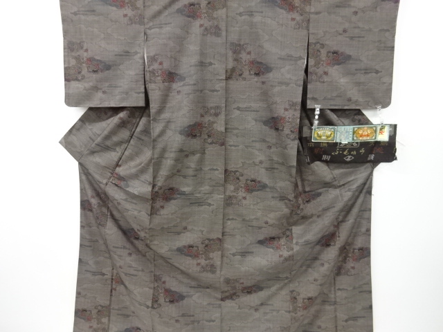 JAPANESE KIMONO / UNUSED KIMONO / SILK / DORO OSHIMA TSUMUGI / WOVEN CLOUDS & HOUSES & FLORAL PLANTS